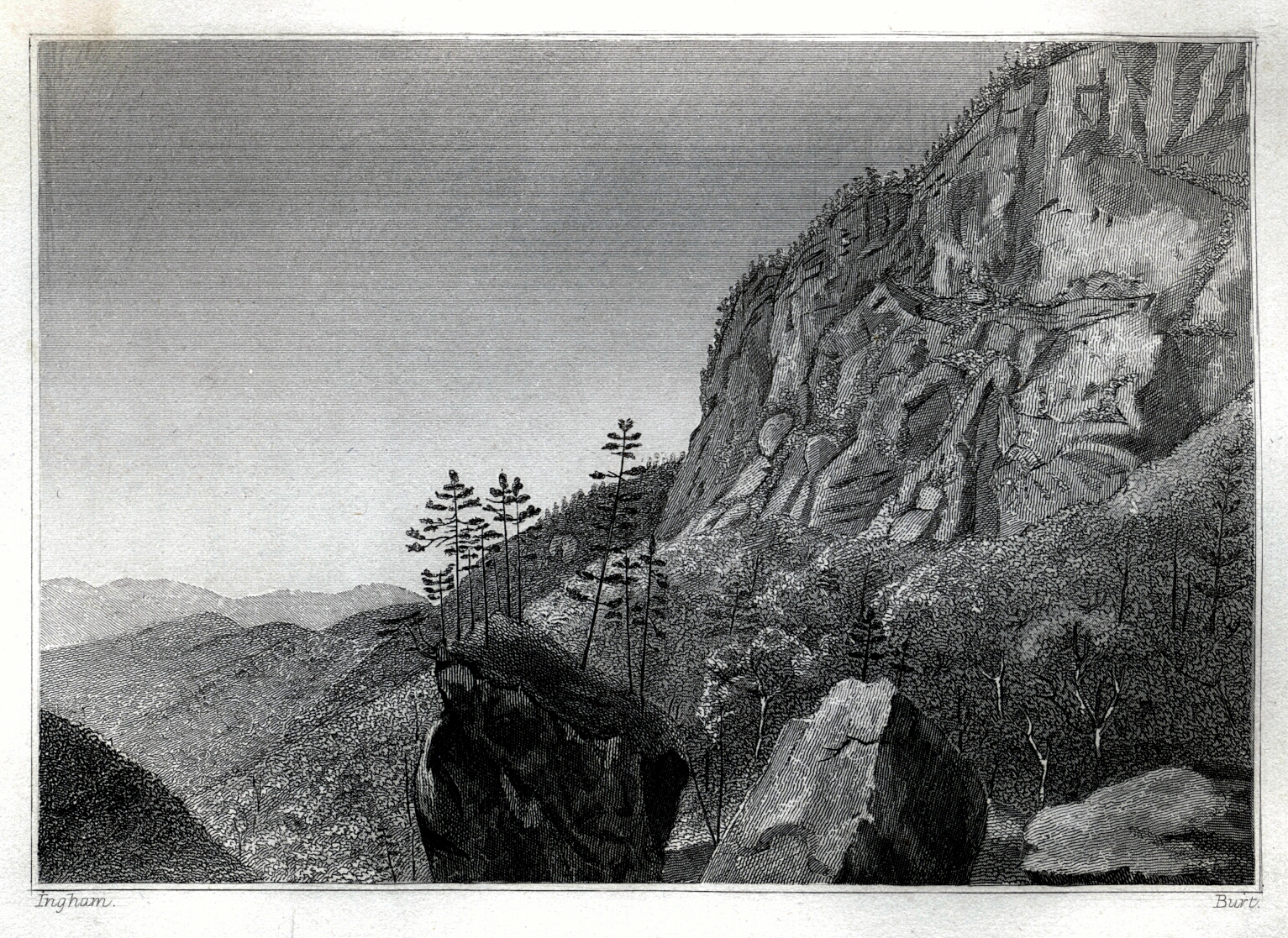 a drawing of a cliff and forest beneath it