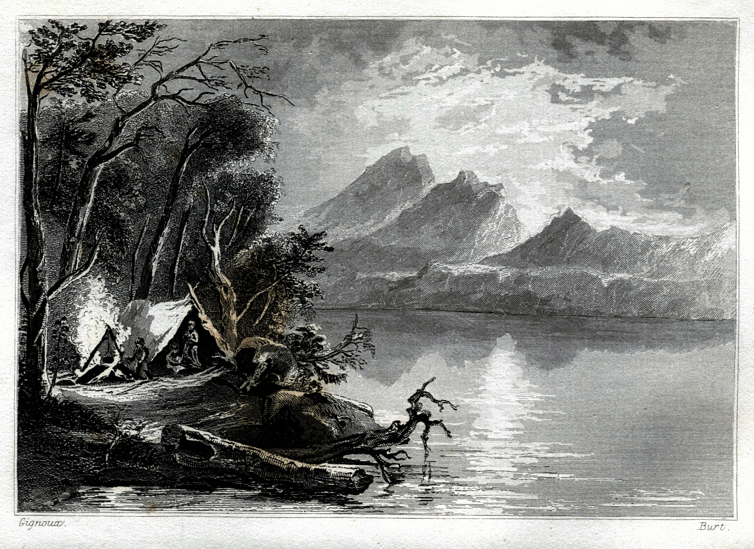 a drawing of a lake with people camping in the foreground and mountains in the background