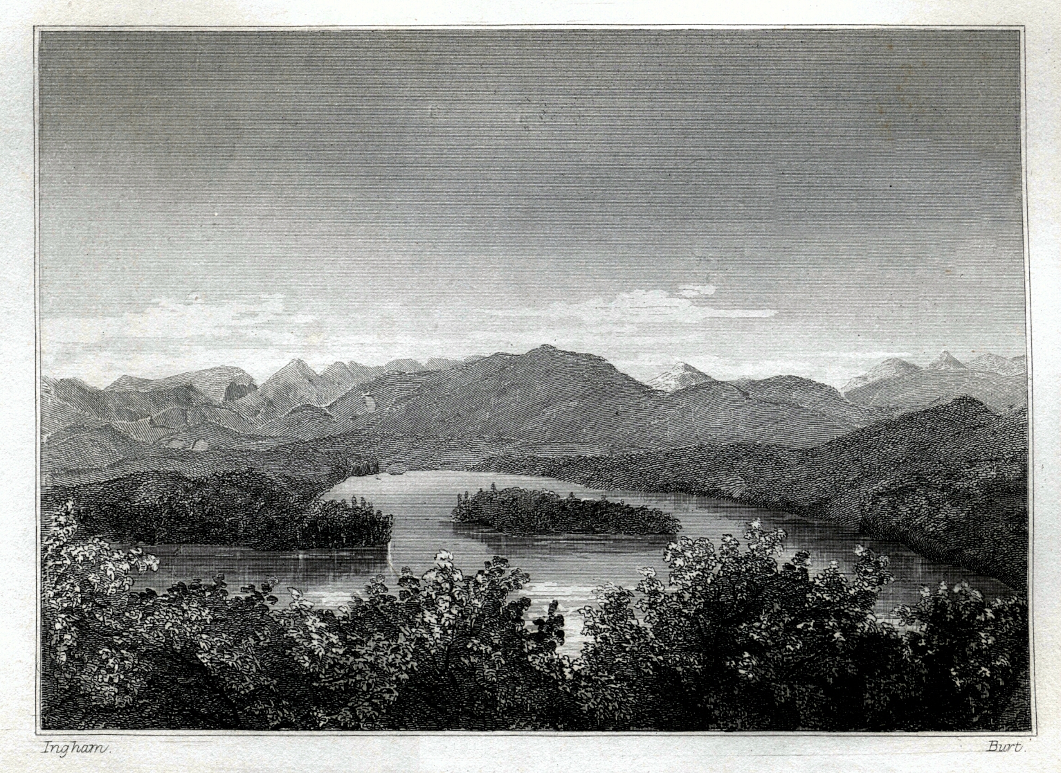 a drawing of a view high up over a lake and the mountains surrounding it