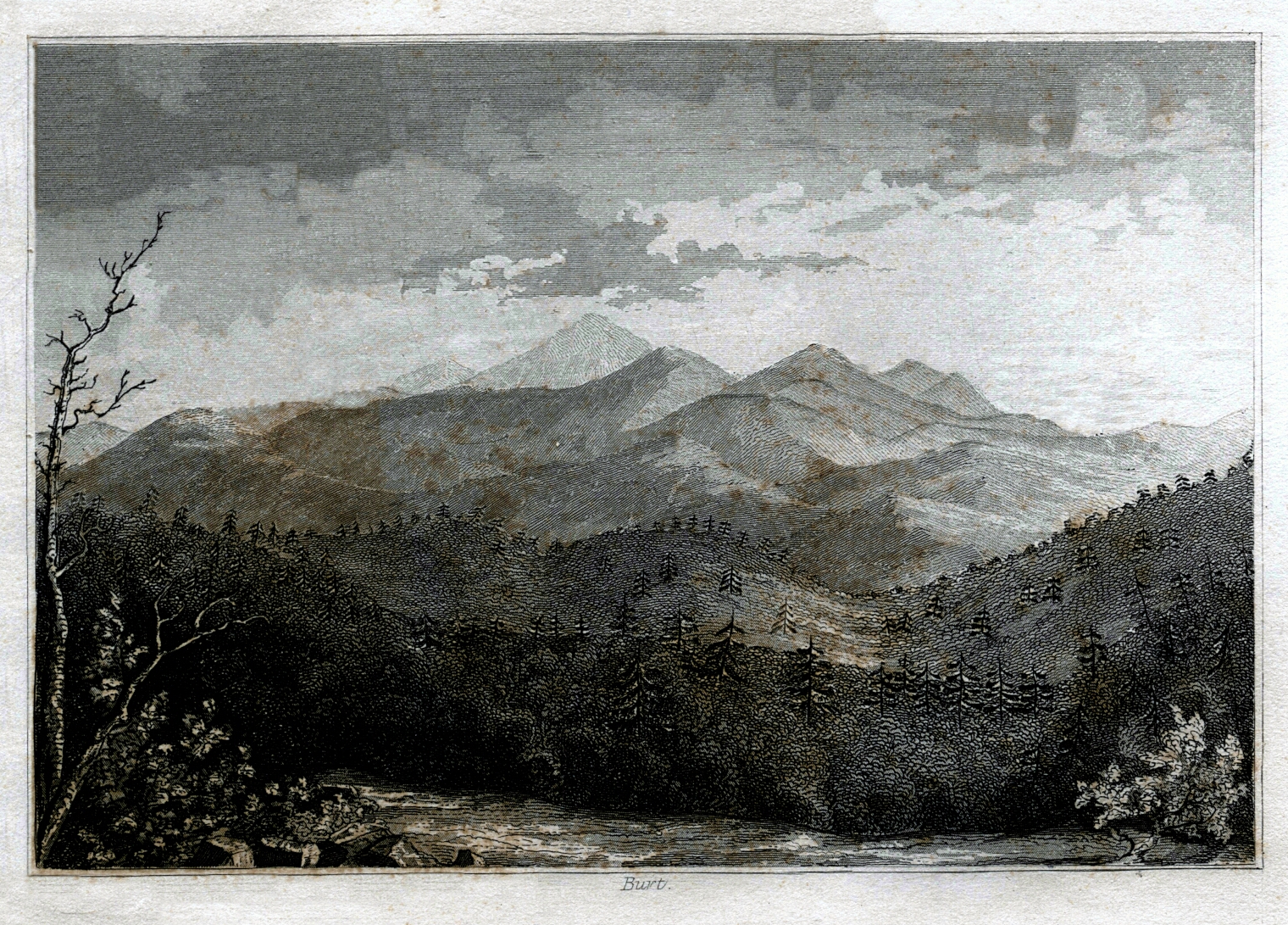 a drawing of a mountain range and forest beneath
