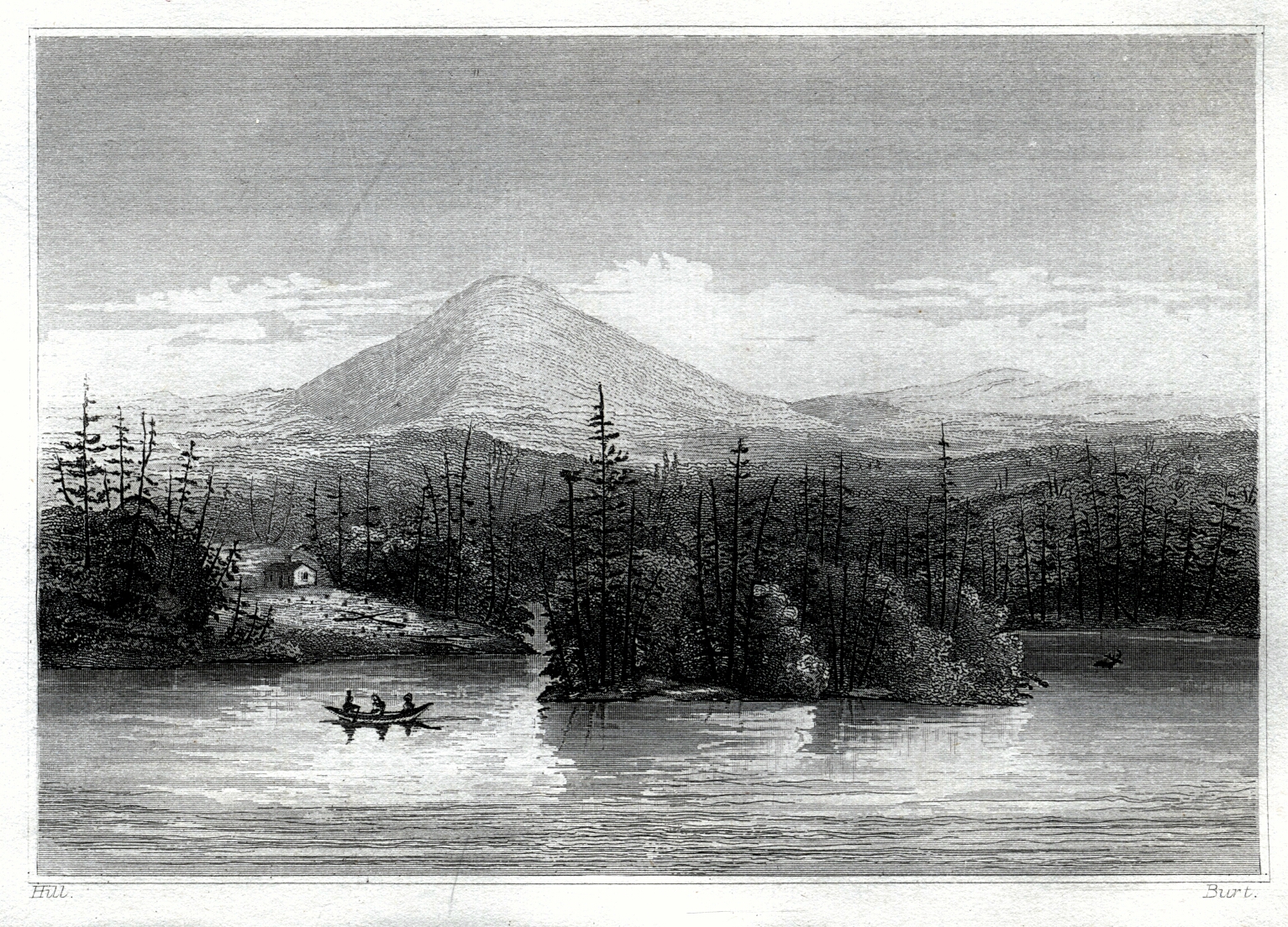 a drawing of a lake with some people in a canoe with mountains in the background